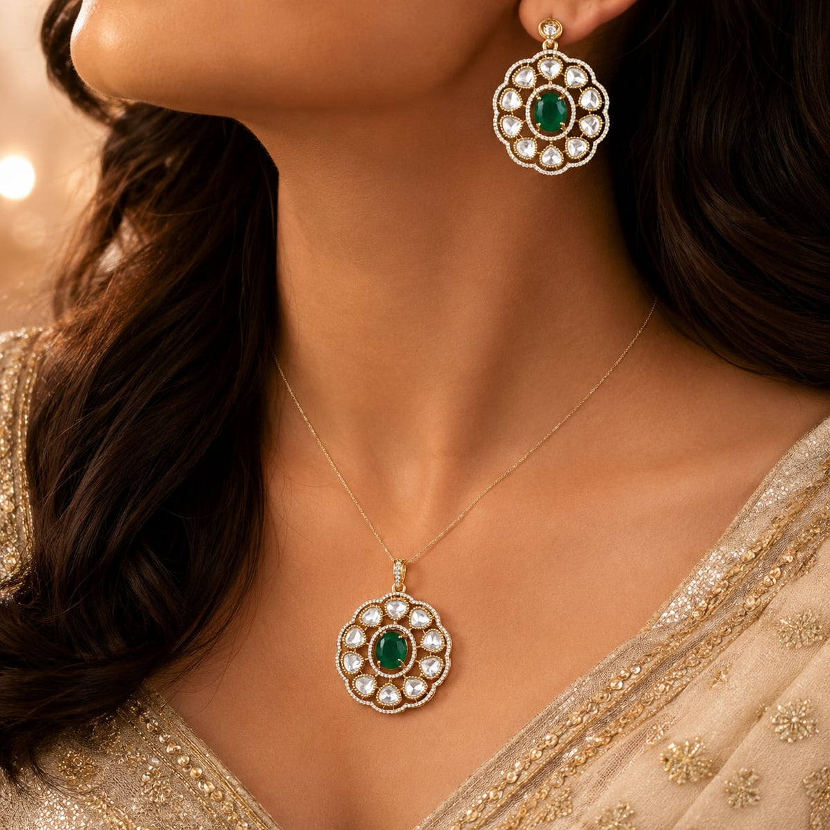 Emerald AD/CZ Round Pendant Set for Receptions with matching earrings, jewellery display view – view 2