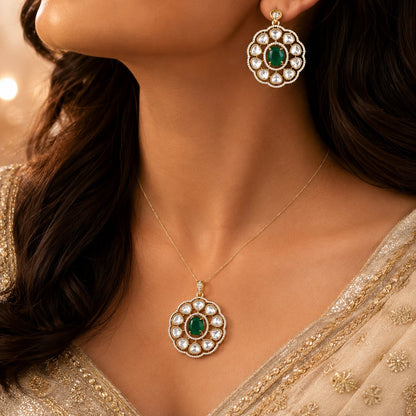 Emerald AD/CZ Round Pendant Set for Receptions with matching earrings, jewellery display view – view 2
