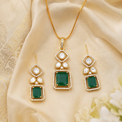 Emerald AD/CZ Square Pendant Set for Receptions with matching earrings, saree styling view – view 3