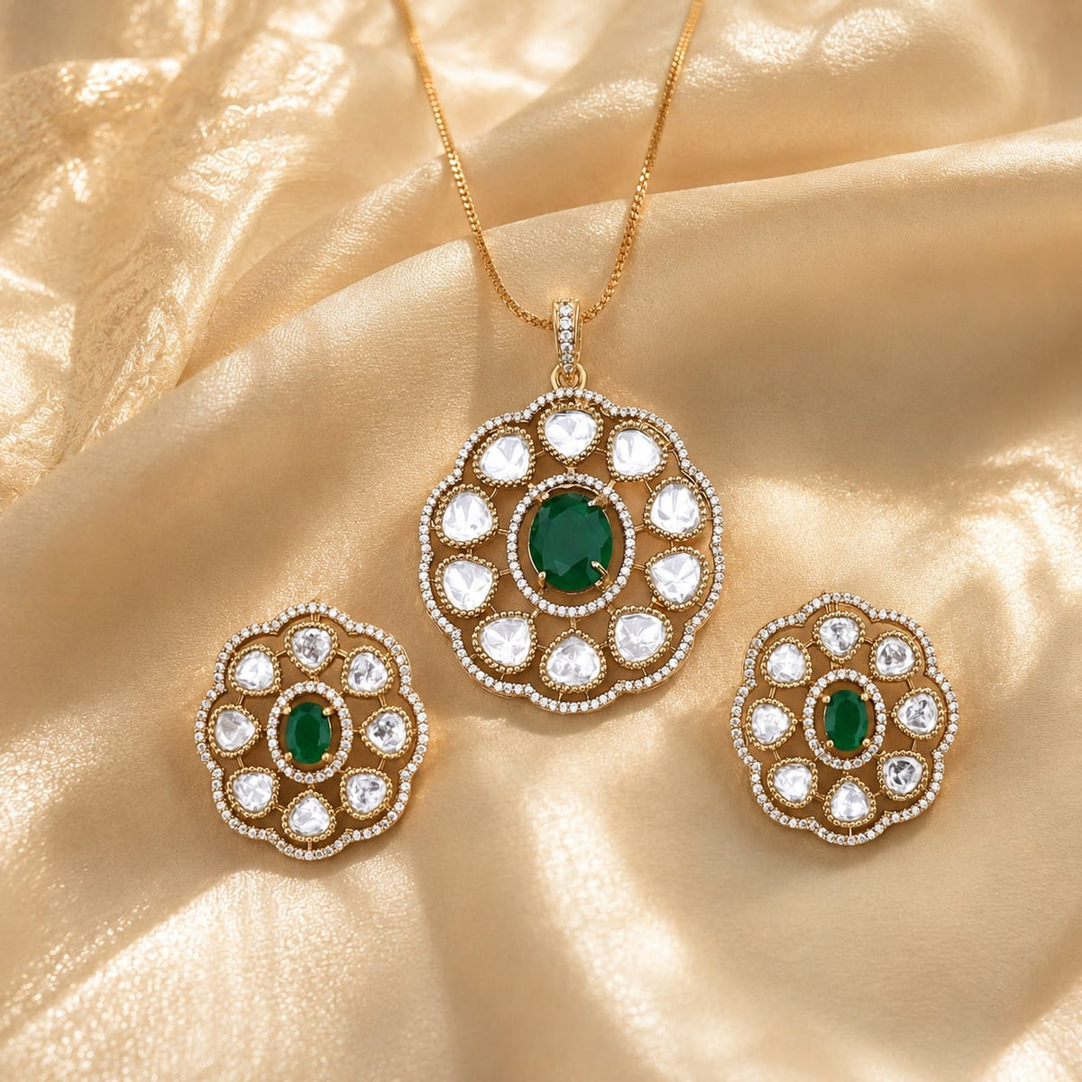 Emerald AD/CZ Round Pendant Set for Receptions with matching earrings, saree styling view – view 3
