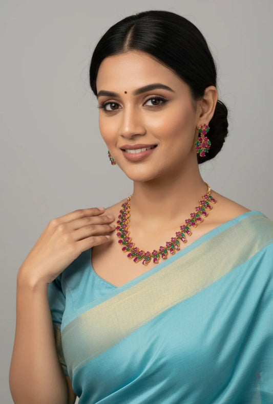 Floral Cluster Necklace Set with Ruby and Emerald Accents – Ruby Emerald Necklace Set - Model wearing floral cluster – view 2