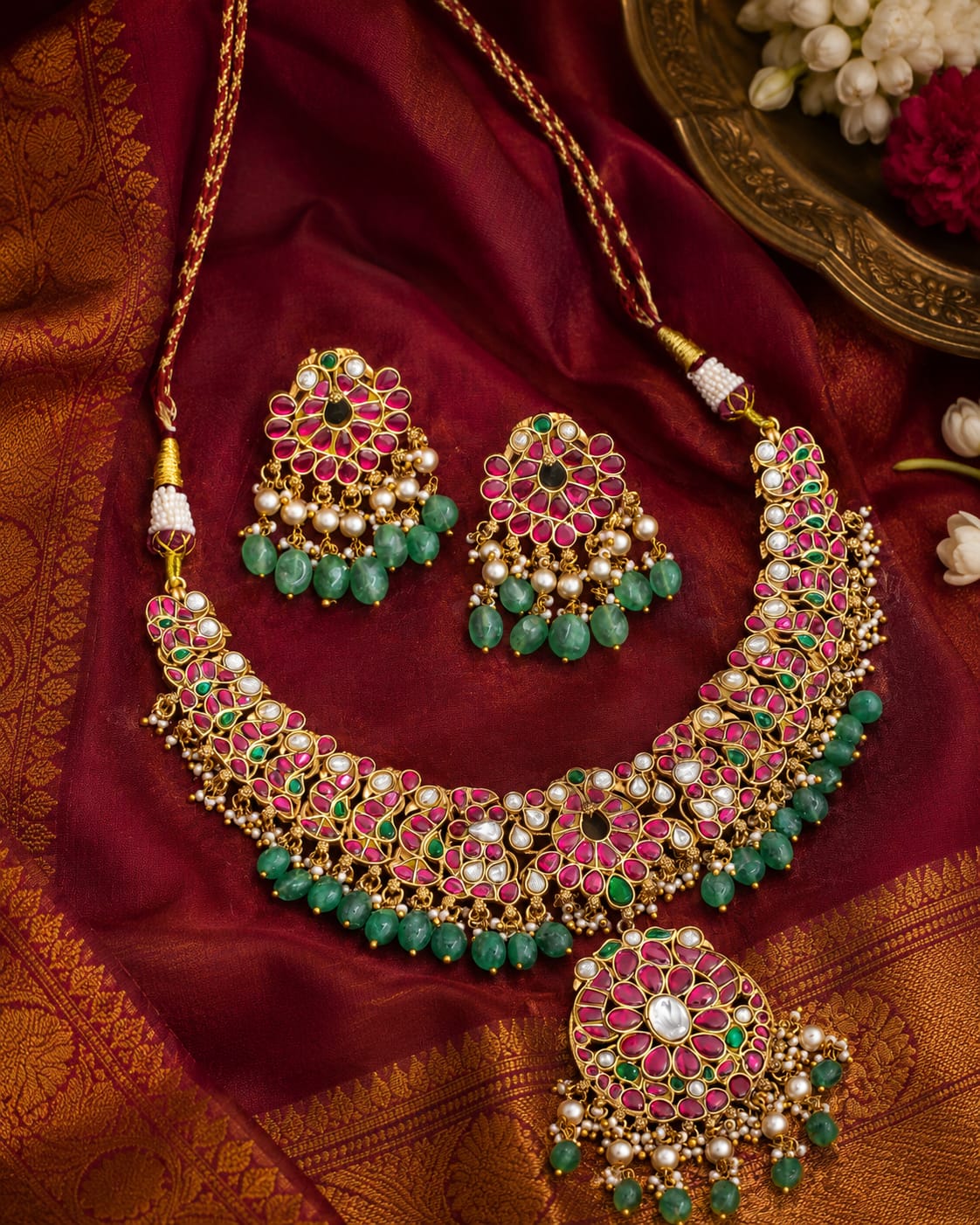 floral panel bridal-style jadau kundan necklace set with matching earrings styled with saree fabric – view 4