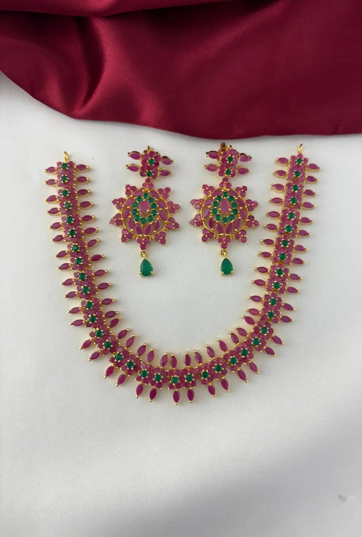 Flower Petal Cluster Necklace Set with Ruby and Emerald Accents – Gold Plated Ruby Emerald Flower Petal Necklace – front view