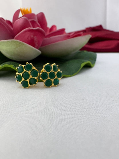 Forest Fern Dark Green AD Stud Earrings – dark green forest jewel AD studs styled with lotus creating deep woodland – view 2