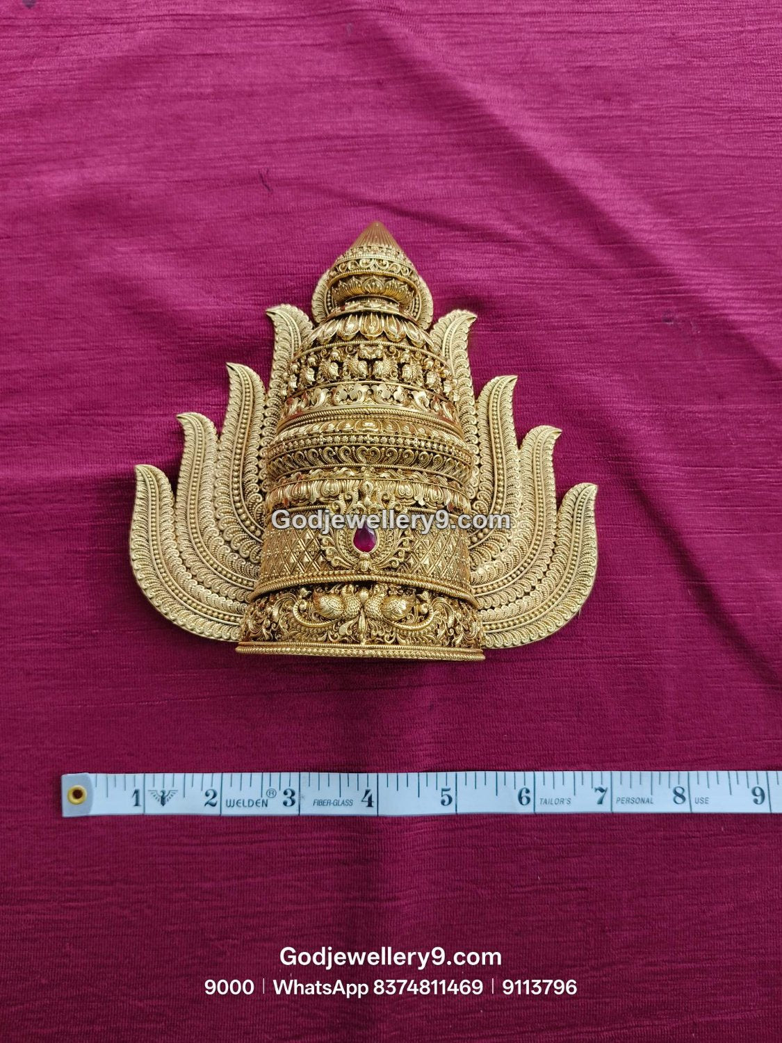 Gold-Plated central red gemstone Nakshi Jwala Crown – View 1