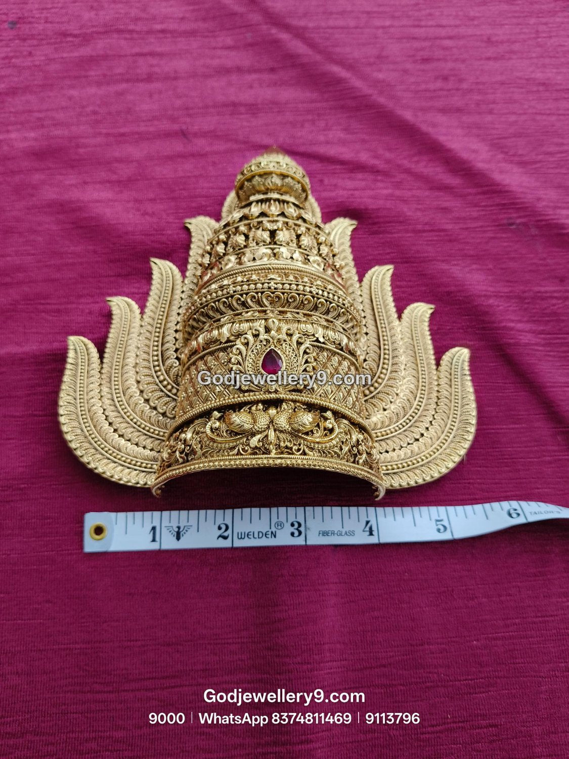 Gold-Plated central red gemstone Nakshi Jwala Crown – View 2