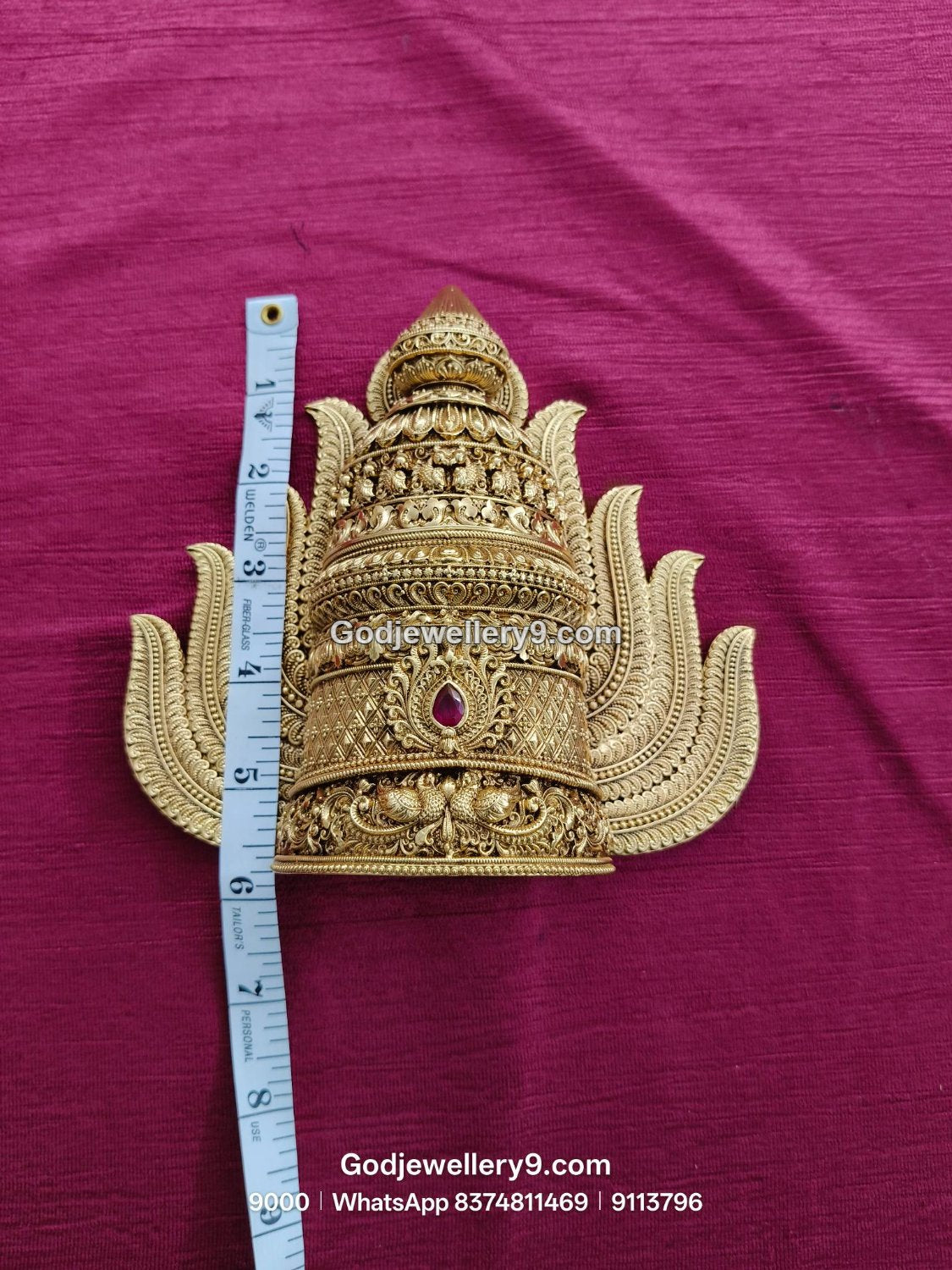 Gold-Plated central red gemstone Nakshi Jwala Crown – View 3