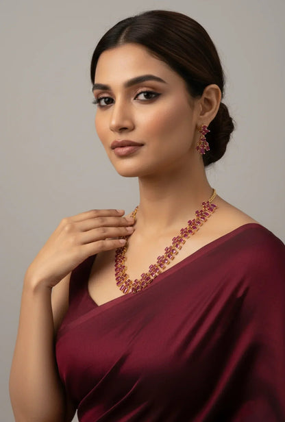 Gold-Plated Cluster Ruby Necklace Set - Festive Charm – Gold Plated Ruby Necklace Set - Model in beautiful maroon – view 2
