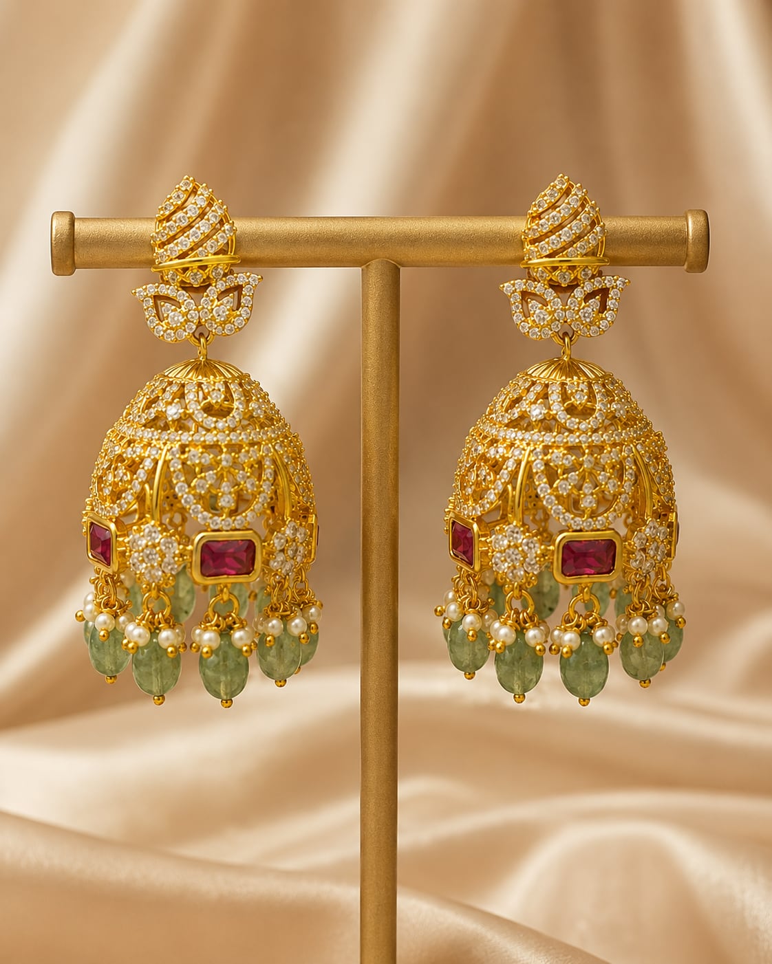 Emerald Drop Gold-Plated CZ Leaf Jhumka Earrings – Front view of one matching pair of gold-plated emerald-drop CZ – view 5