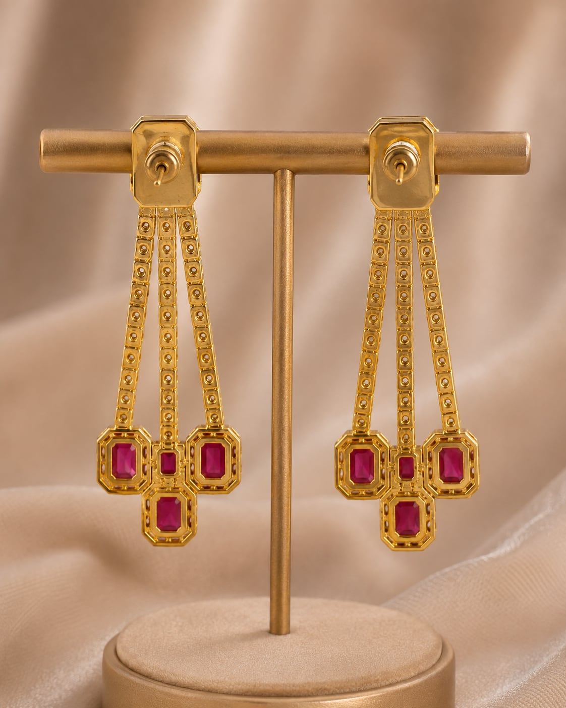 Ruby Linear Gold-Plated CZ Hanging Earrings – Rear view of gold-plated ruby linear CZ hanging earrings showing – view 6