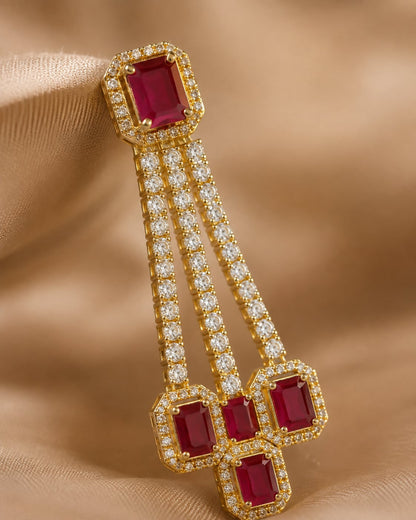 Ruby Linear Gold-Plated CZ Hanging Earrings – Close-up of gold-plated ruby linear CZ hanging earrings showing – view 4