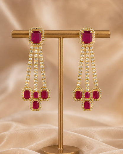 Ruby Linear Gold-Plated CZ Hanging Earrings – gold-plated ruby linear CZ hanging earrings displayed as a – front view