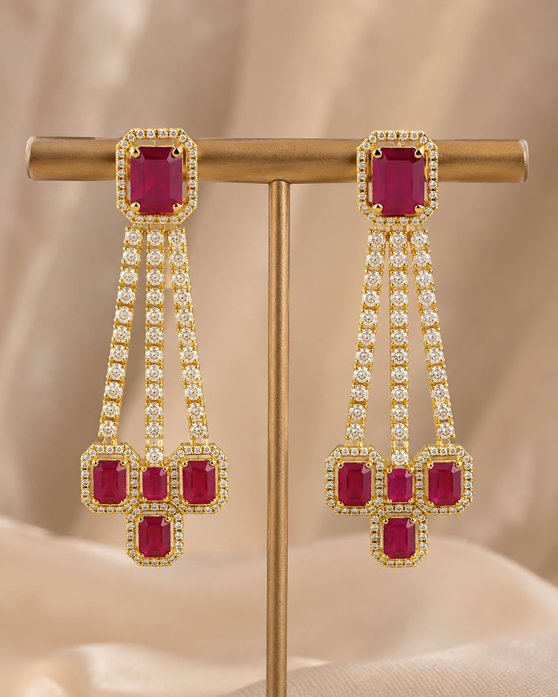 Ruby Linear Gold-Plated CZ Hanging Earrings – Front view of one matching pair of gold-plated ruby linear CZ hanging – view 5