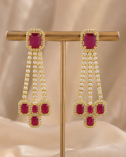 Ruby Linear Gold-Plated CZ Hanging Earrings – Front view of one matching pair of gold-plated ruby linear CZ hanging – view 5
