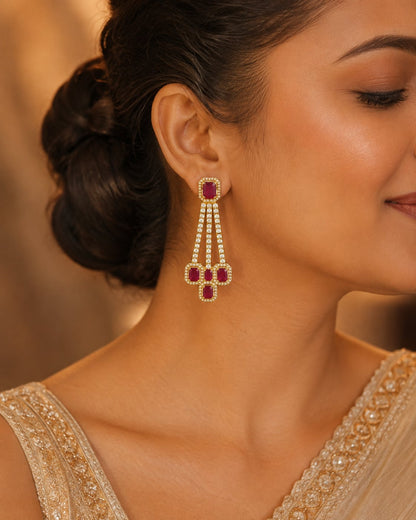 Ruby Linear Gold-Plated CZ Hanging Earrings – Model wearing gold-plated ruby linear CZ hanging earrings for Indian – view 2