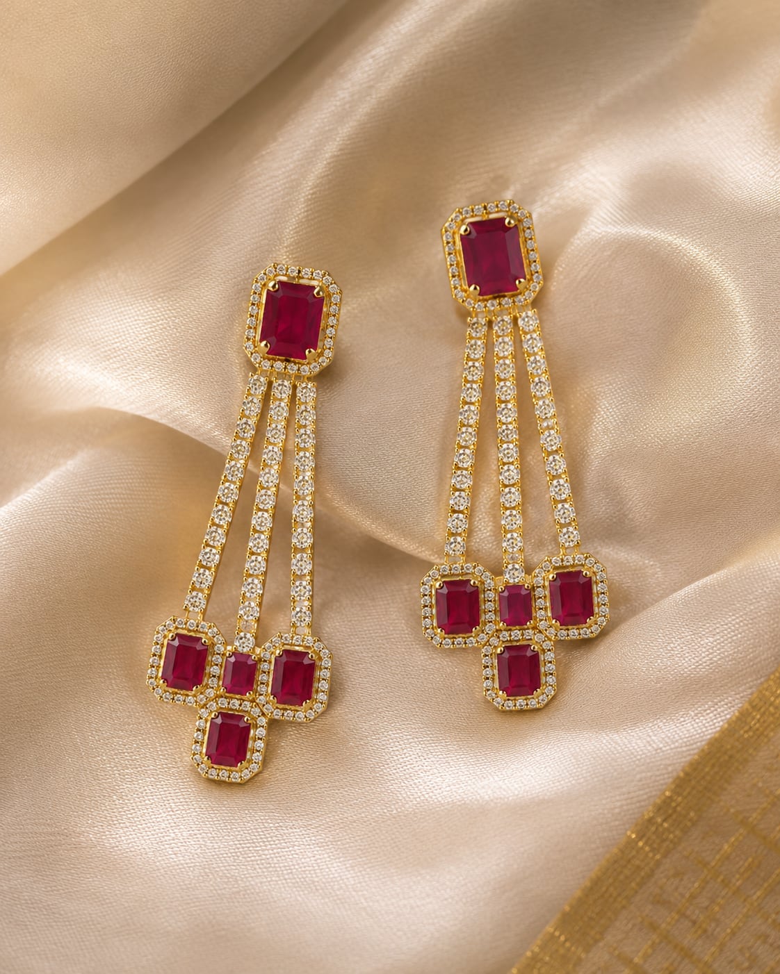 Ruby Linear Gold-Plated CZ Hanging Earrings – gold-plated ruby linear CZ hanging earrings styled with saree fabric – view 3