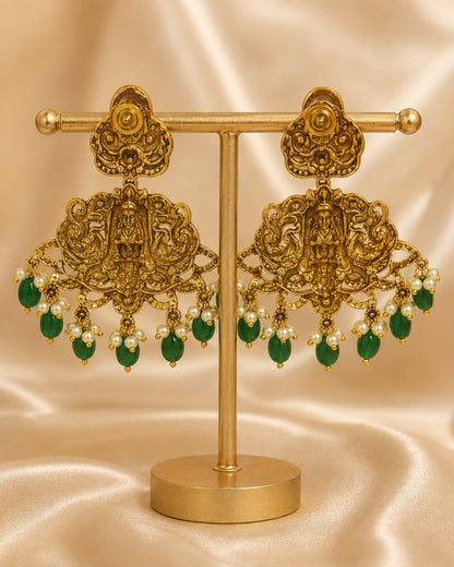Ruby Emerald AD/CZ Lakshmi Peacock Nakshi Gold-Plated Hanging Earrings with Green Drops – gold-plated ruby and – view 6
