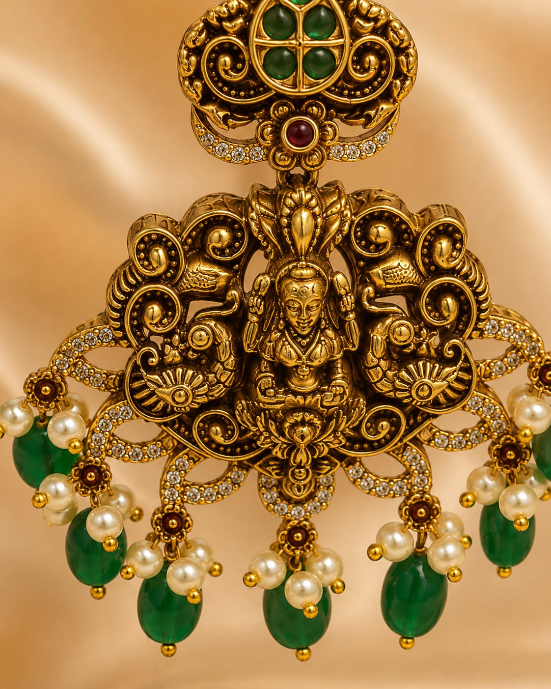 Ruby Emerald AD/CZ Lakshmi Peacock Nakshi Gold-Plated Hanging Earrings with Green Drops – gold-plated ruby and – view 4
