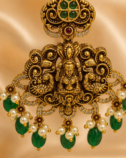Ruby Emerald AD/CZ Lakshmi Peacock Nakshi Gold-Plated Hanging Earrings with Green Drops – gold-plated ruby and – view 4