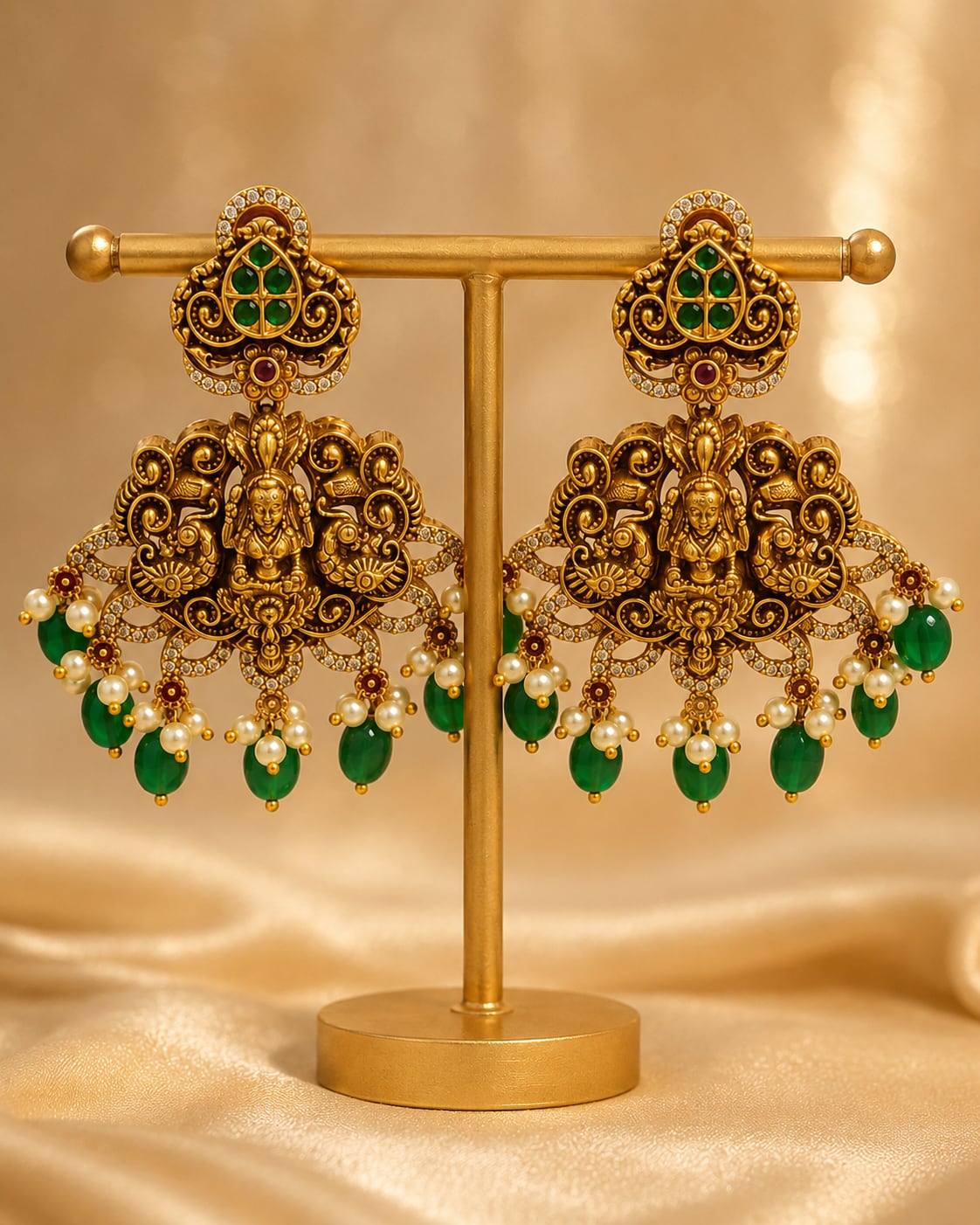 Ruby Emerald AD/CZ Lakshmi Peacock Nakshi Gold-Plated Hanging Earrings with Green Drops – gold-plated ruby and – front view