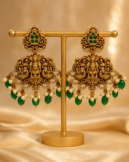 Ruby Emerald AD/CZ Lakshmi Peacock Nakshi Gold-Plated Hanging Earrings with Green Drops – gold-plated ruby and – front view