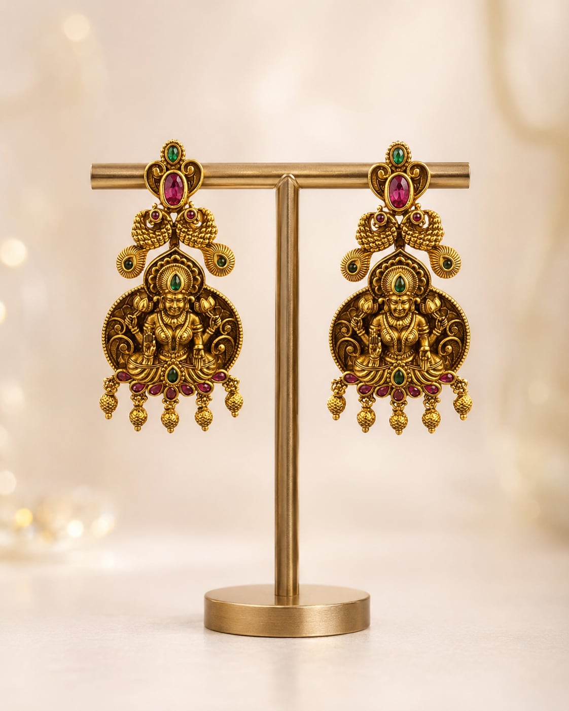 gold-plated ruby and emerald earrings on jewellery display – front view