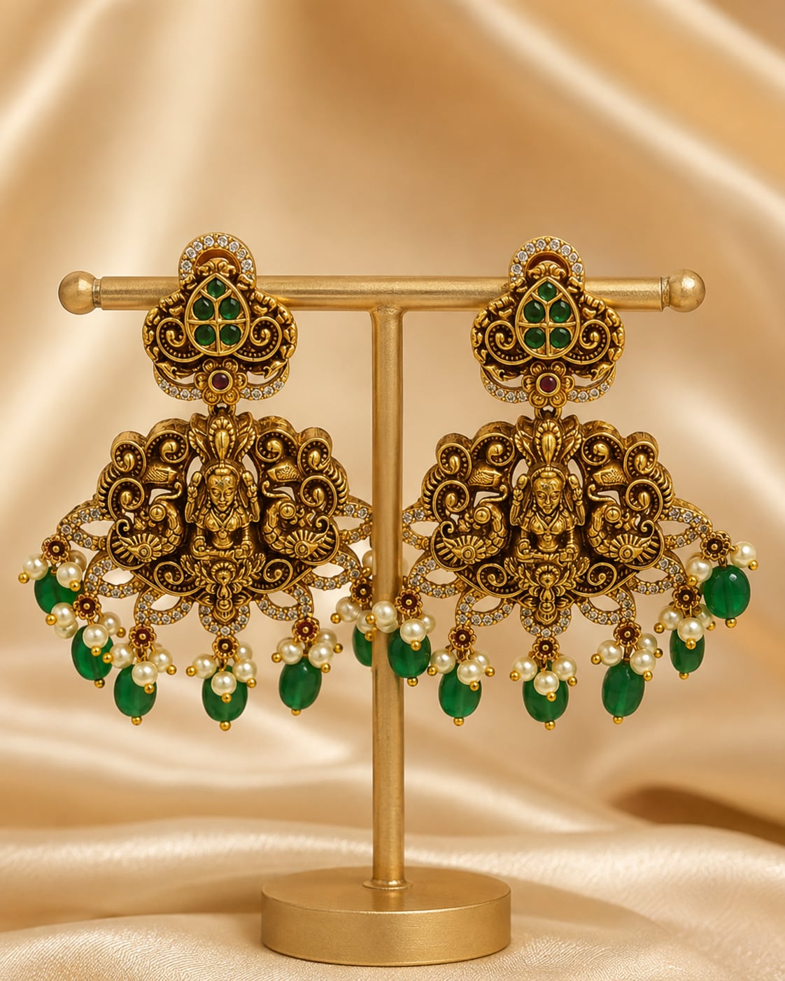 Ruby Emerald AD/CZ Lakshmi Peacock Nakshi Gold-Plated Hanging Earrings with Green Drops – gold-plated ruby and – view 5
