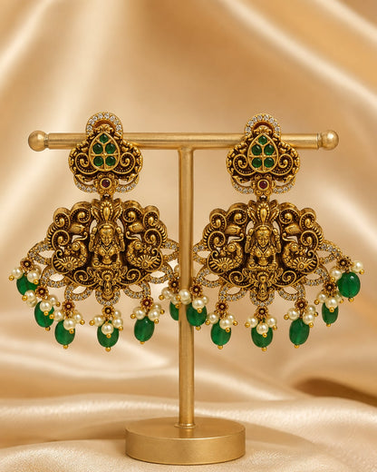 Ruby Emerald AD/CZ Lakshmi Peacock Nakshi Gold-Plated Hanging Earrings with Green Drops – gold-plated ruby and – view 5
