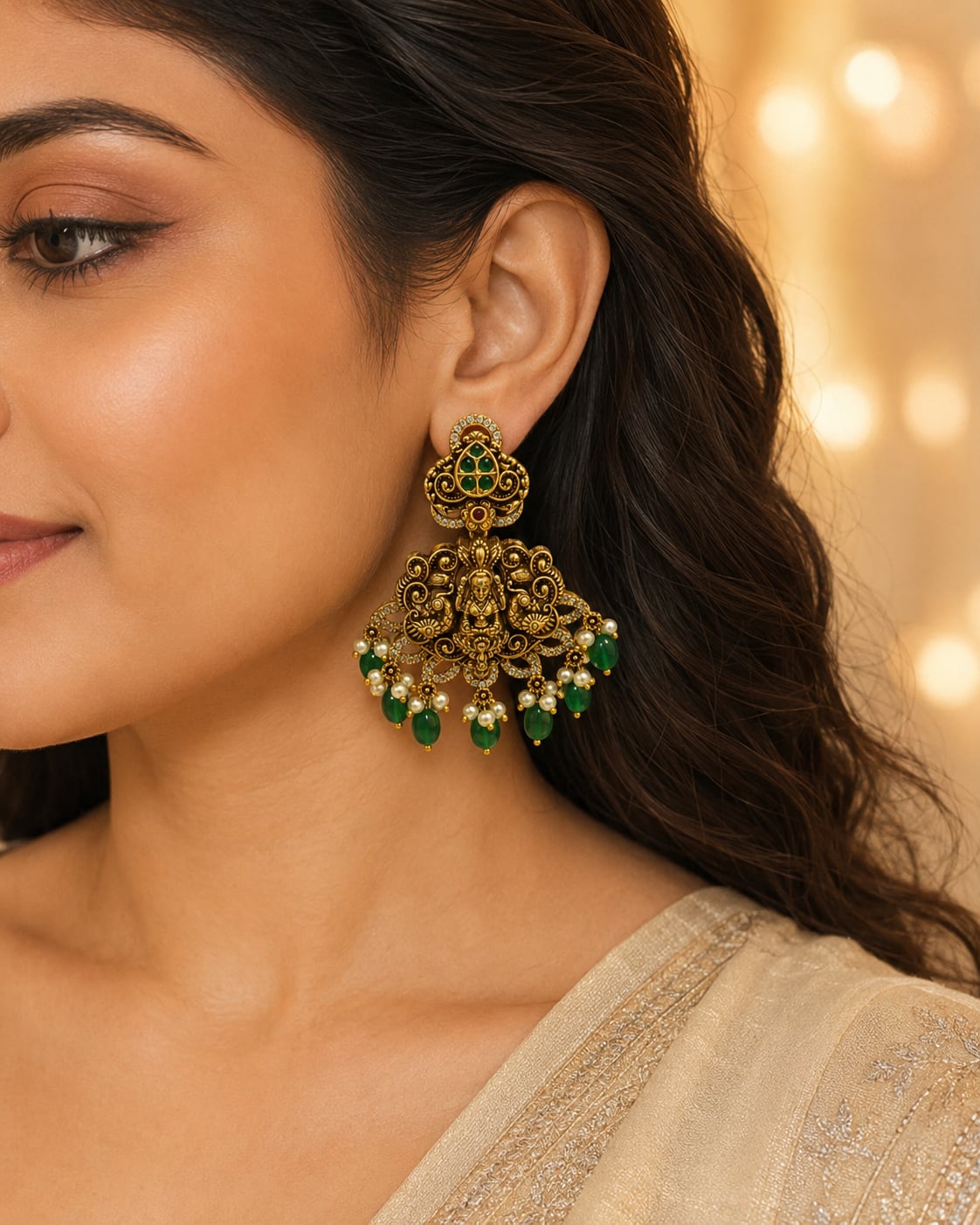 Ruby Emerald AD/CZ Lakshmi Peacock Nakshi Gold-Plated Hanging Earrings with Green Drops – gold-plated ruby and – view 2