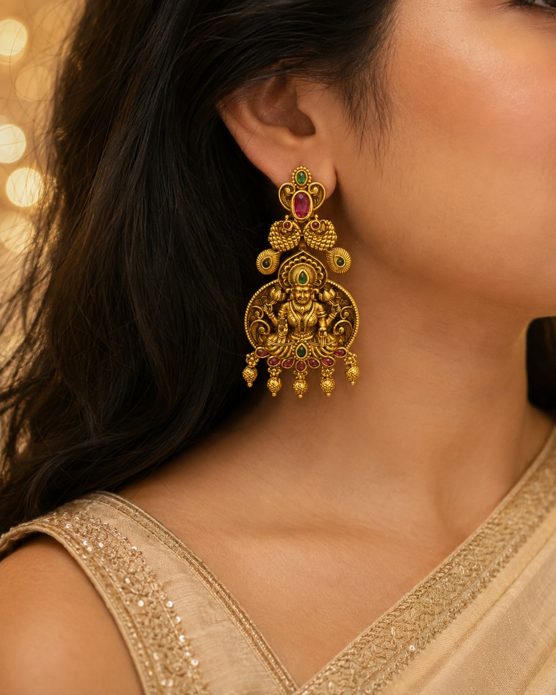 gold-plated ruby and emerald earrings styled with Indian occasion wear – view 2