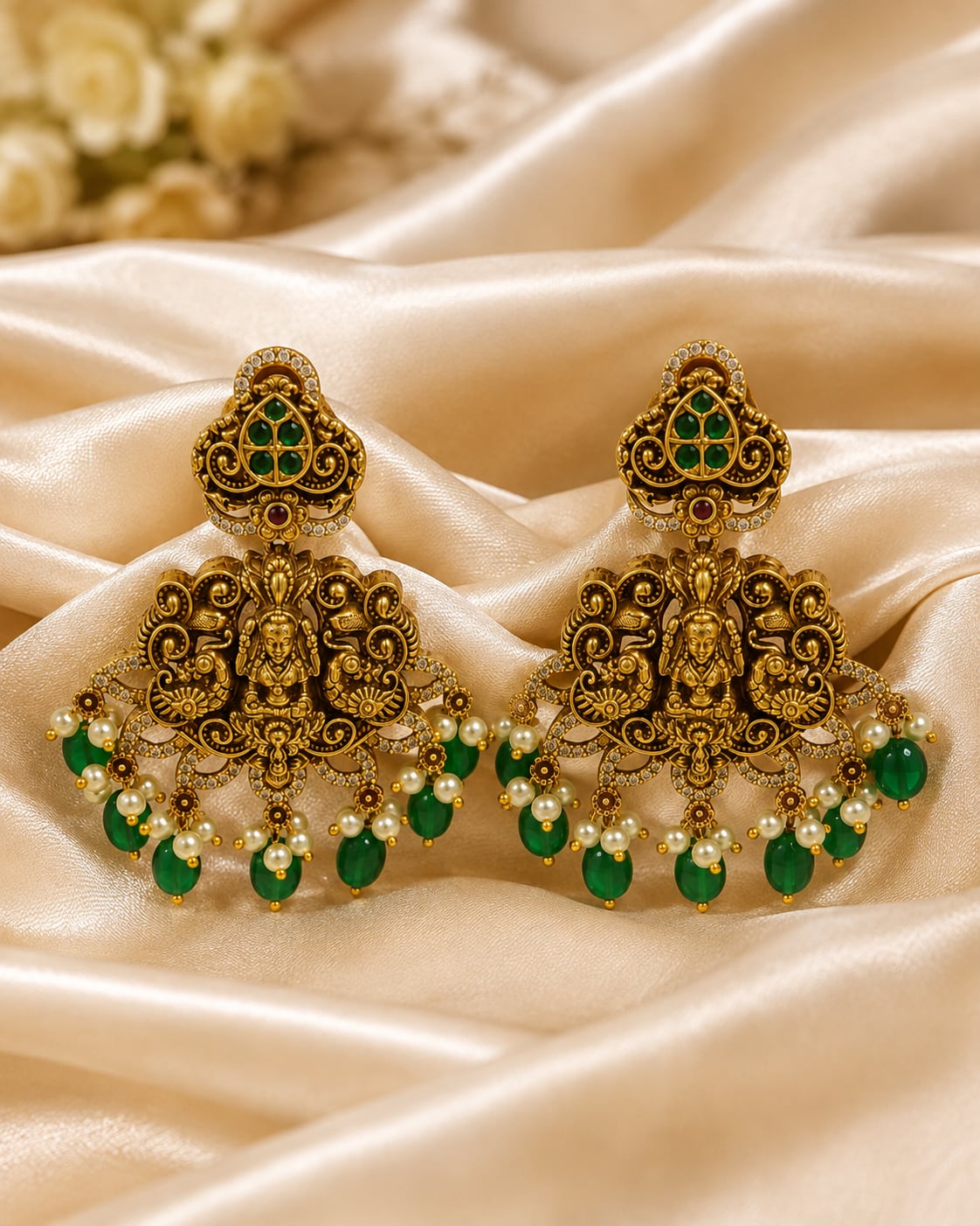 Ruby Emerald AD/CZ Lakshmi Peacock Nakshi Gold-Plated Hanging Earrings with Green Drops – gold-plated ruby and – view 3