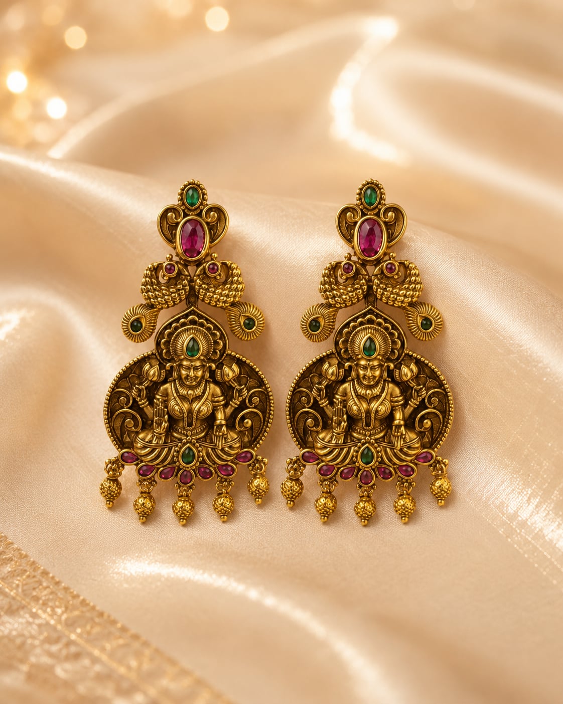 gold-plated ruby and emerald earrings styled with saree fabric for Indian occasion wear – view 3