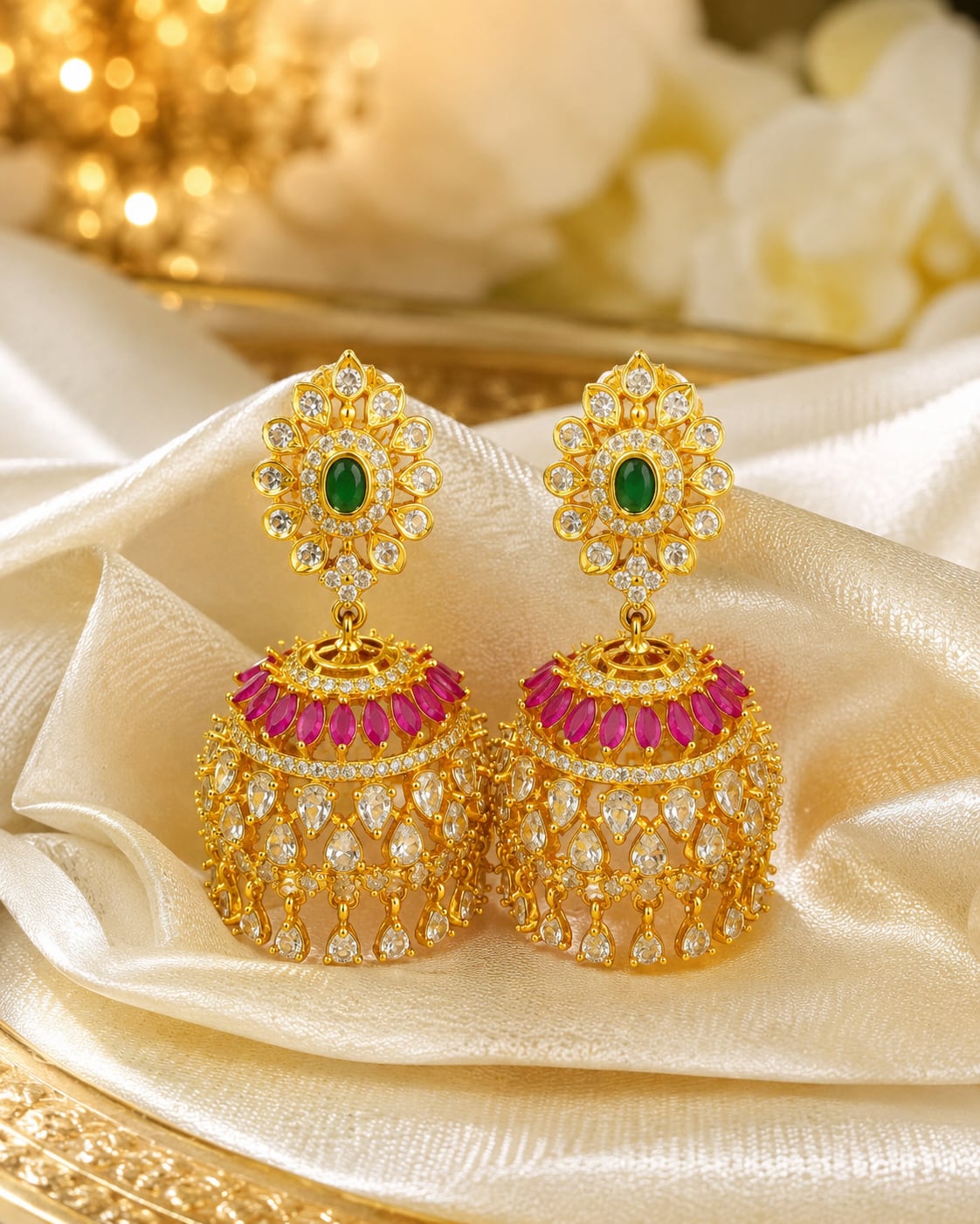 gold-plated ruby emerald floral-dome CZ jhumka earrings styled with saree fabric – view 3