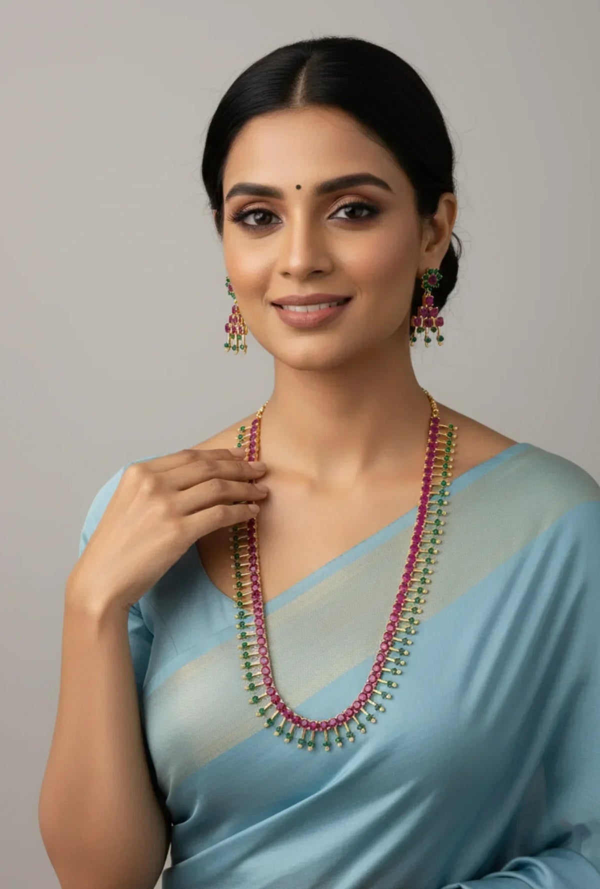 Gold-Plated Ruby Emerald Necklace Set - Layered Petal Design – Gold Plated Ruby Emerald Necklace Set - Model in – view 2