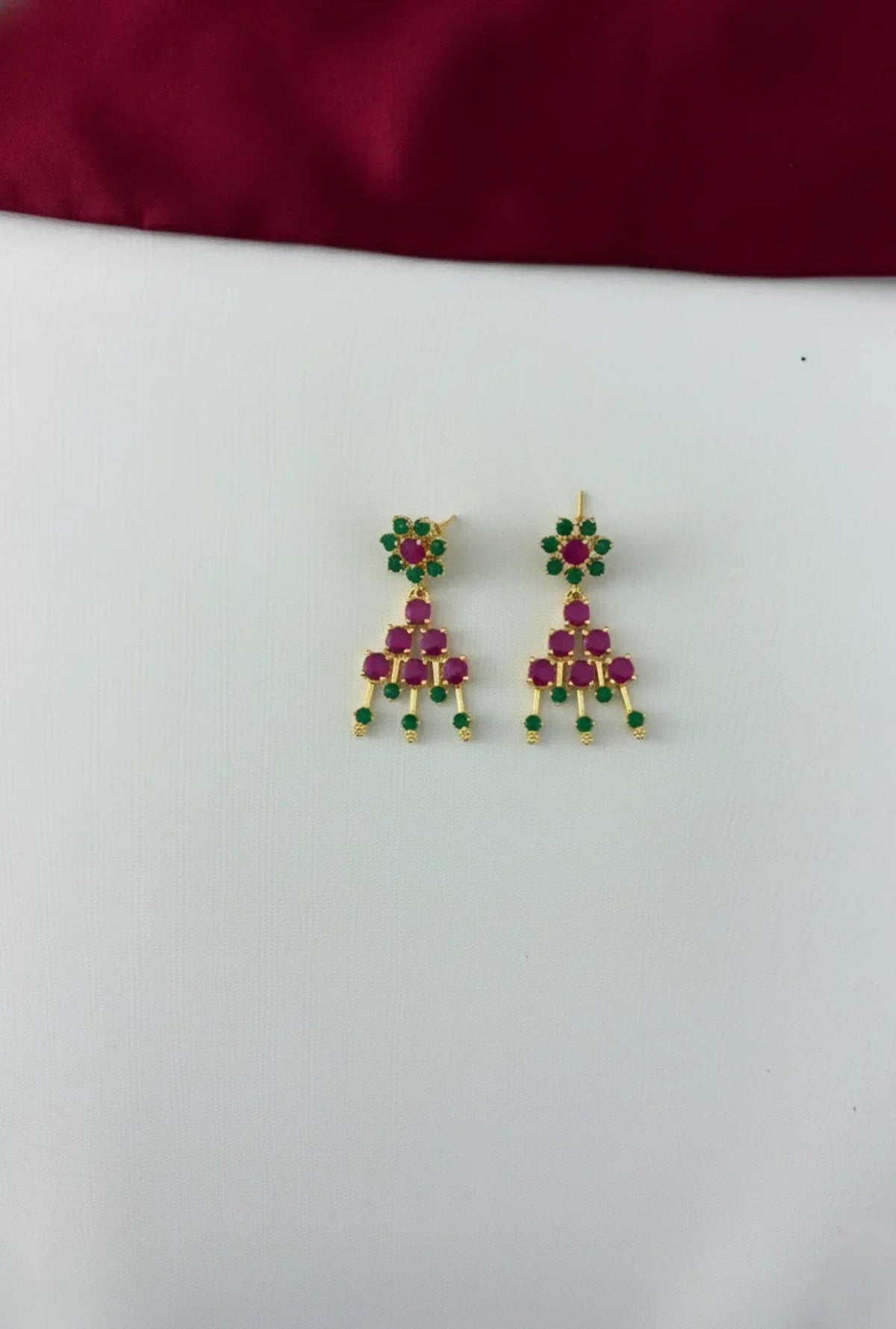 Gold-Plated Ruby Emerald Necklace Set - Layered Petal Design – Gold Plated Ruby Emerald Earrings - Close-up view of – view 3