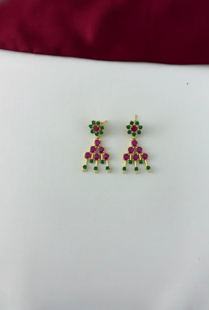 Gold-Plated Ruby Emerald Necklace Set - Layered Petal Design – Gold Plated Ruby Emerald Earrings - Close-up view of – view 3