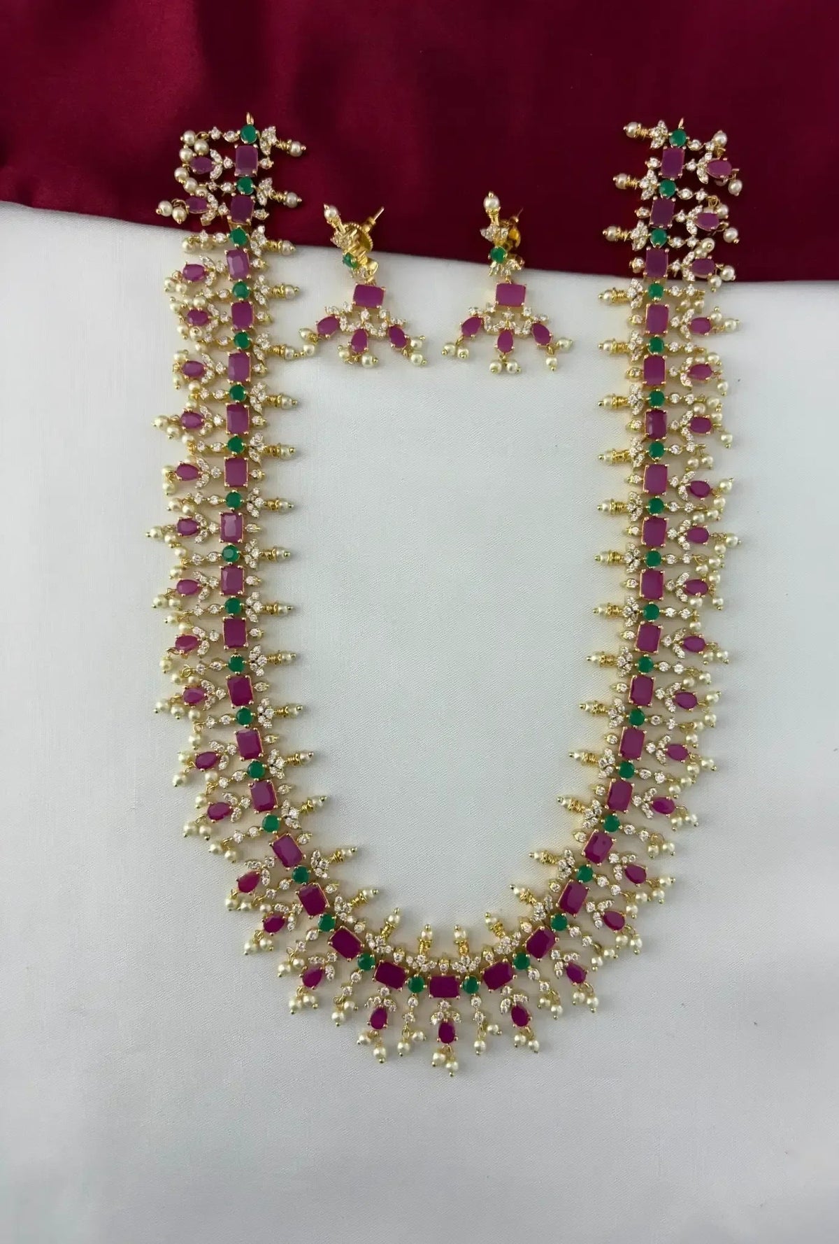 Gold-Plated Ruby Emerald Pearl-Look Haaram Necklace Set – Gold Plated Ruby Emerald pearl-look Haaram Necklace Set - Front