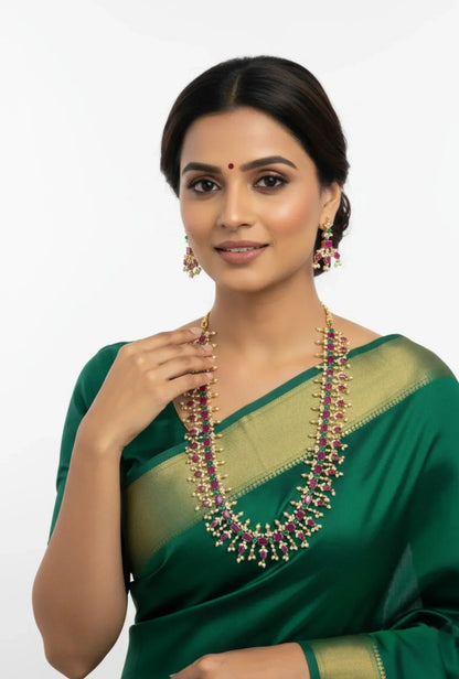Gold-Plated Ruby Emerald Pearl-Look Haaram Necklace Set – Gold Plated Ruby Emerald pearl-look Haaram Necklace Set – view 2