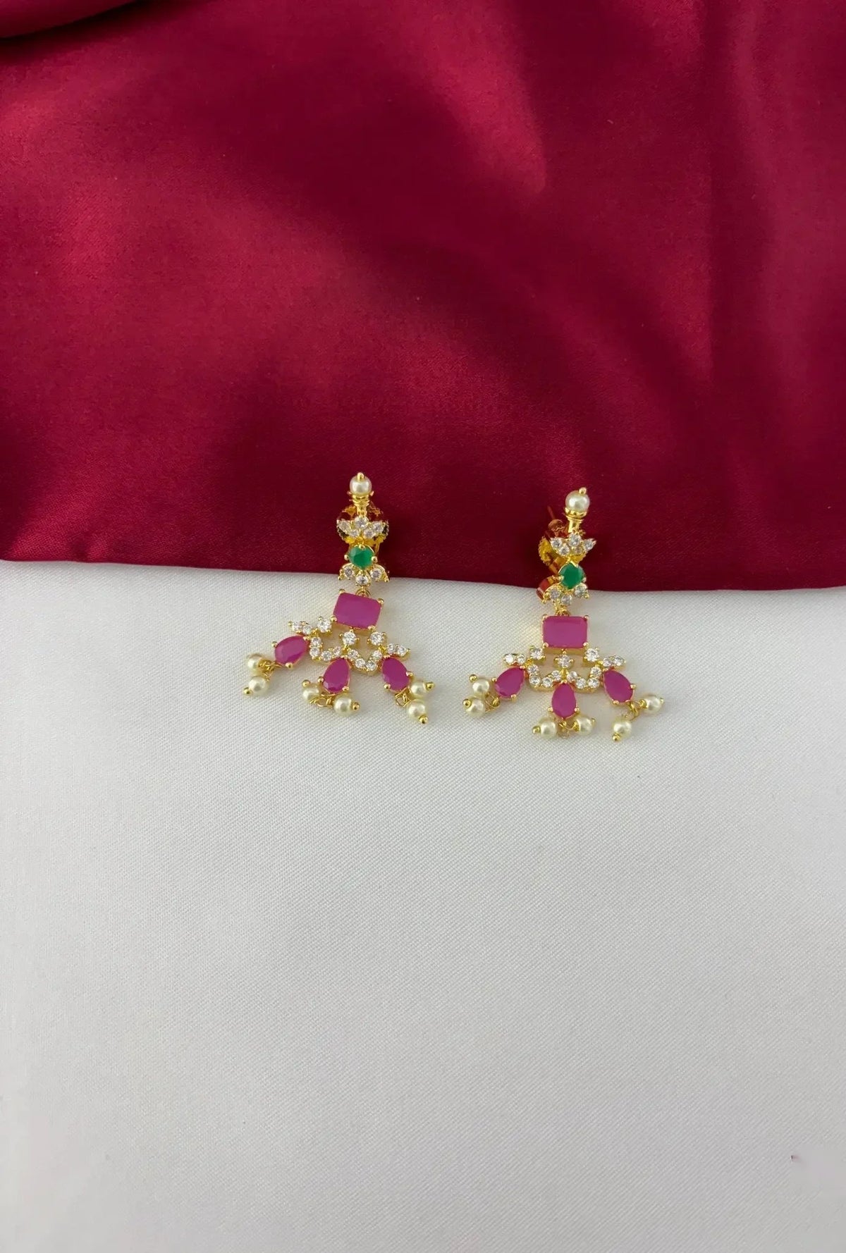 Gold-Plated Ruby Emerald Pearl-Look Haaram Necklace Set – Gold Plated Ruby Emerald pearl-look Haaram Earrings – view 3