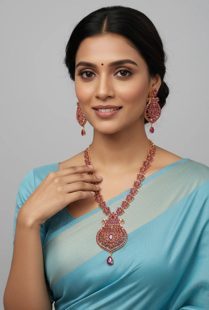 Gold-Plated Ruby Floral Elegance Jewelry Set - Intricate Design – Gold Plated Ruby Floral Elegance Jewelry Set – view 2