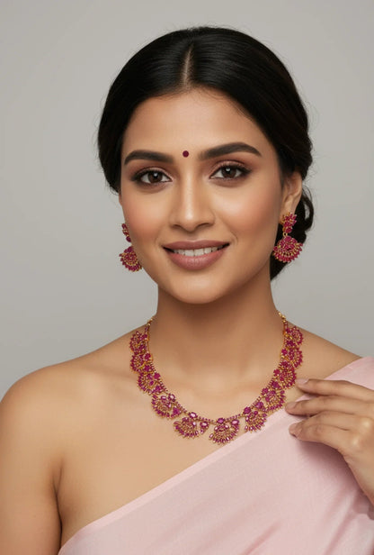 Gold-Plated Ruby Floral Necklace Set - Regal Bloom Design – Gold Plated Ruby Floral Necklace Set - Model in elegant – view 2