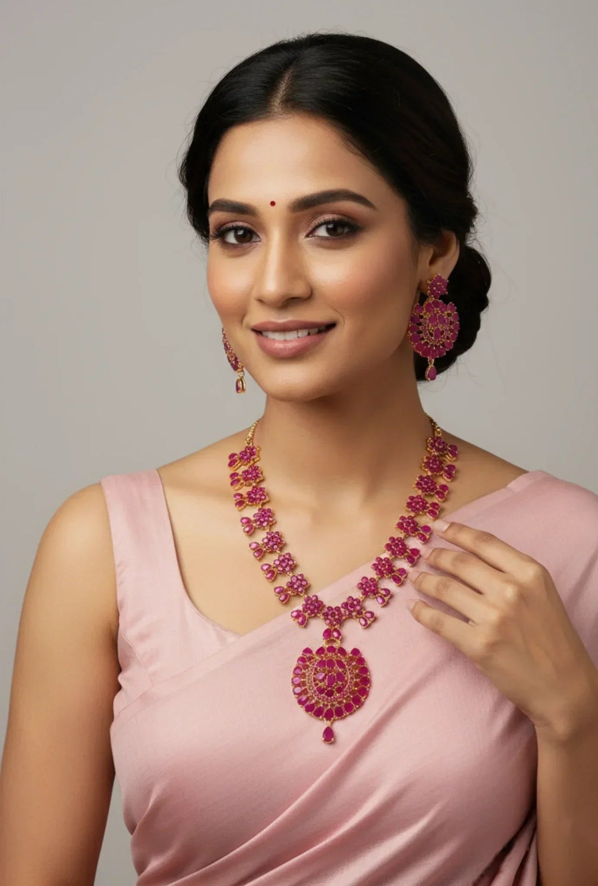 Gold-Plated Ruby Flower Bloom Necklace Set - Festive Radiance – Gold Plated Ruby Necklace Set - Model wearing floral – view 2