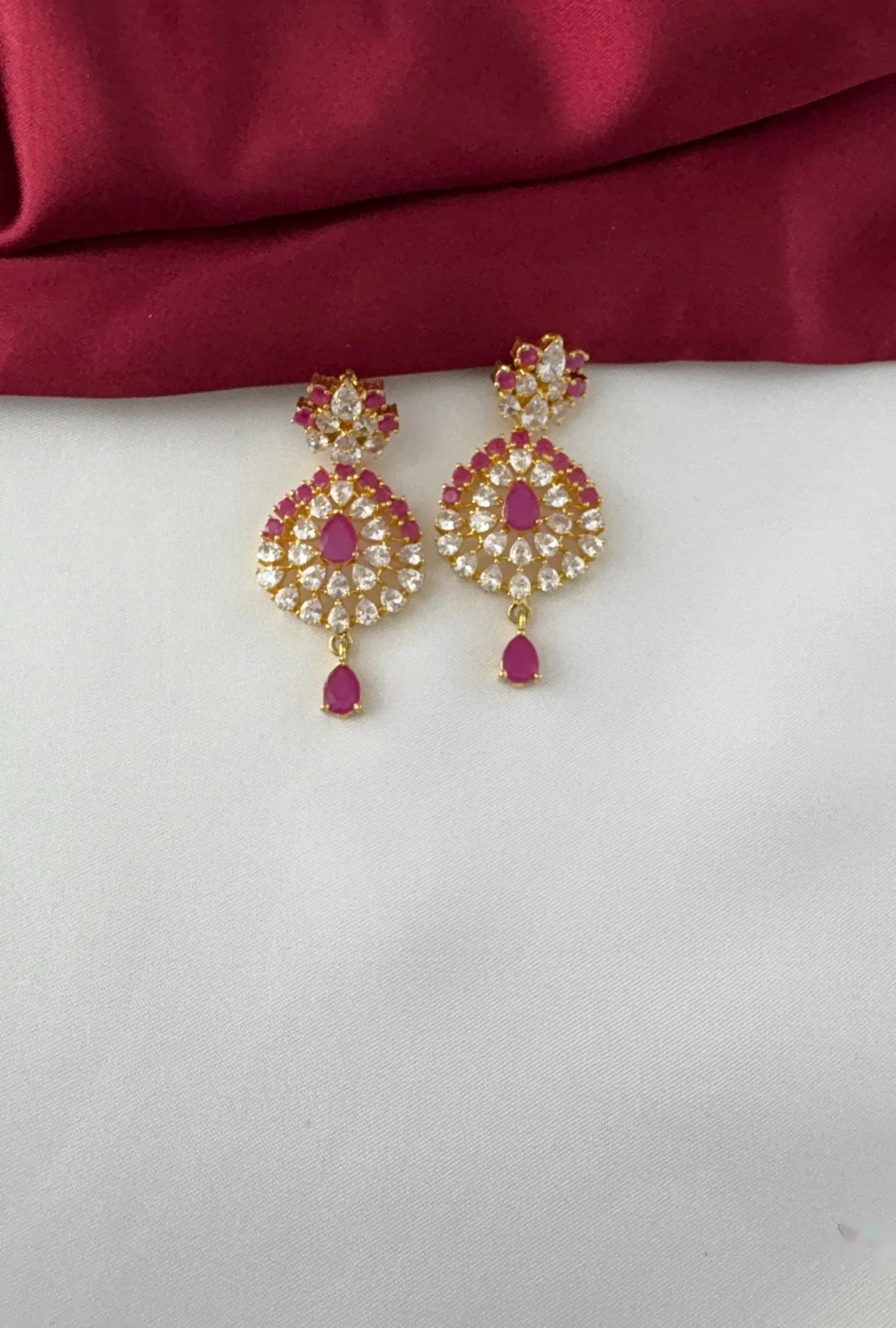 Gold-Plated Ruby Flower Halo Necklace Set – Gold Plated Ruby Flower Halo Earrings - Close-up view of one earring – view 3