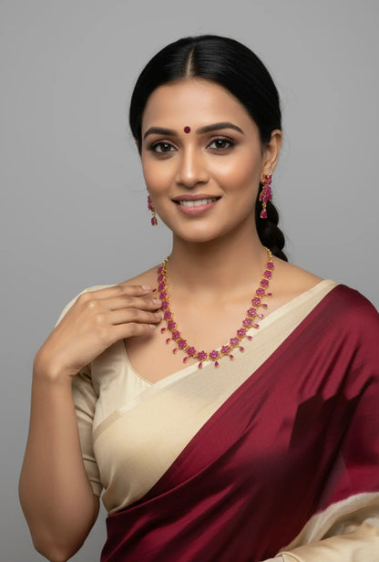 Gold-Plated Ruby Flower Necklace Set - Festive Charm – Gold Plated Ruby Flower Necklace Set - Model wearing festive – view 2