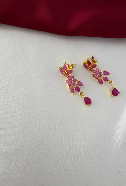 Gold-Plated Ruby Flower Necklace Set - Festive Charm – Gold Plated Ruby Flower Earrings - Close-up view of the – view 3