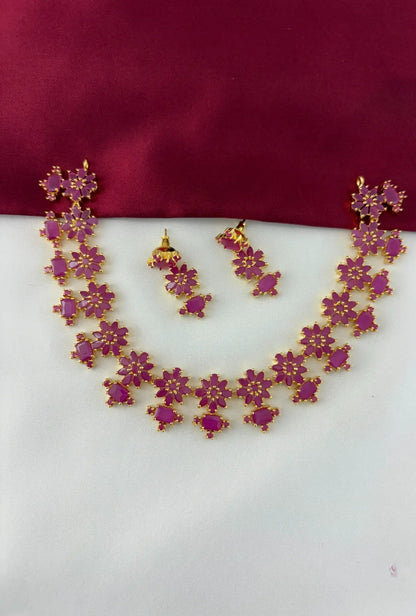 Gold-Plated Ruby Flower Strand Necklace Set - Festive Radiance – Gold Plated Ruby-Tone Flower Strand Necklace – front view