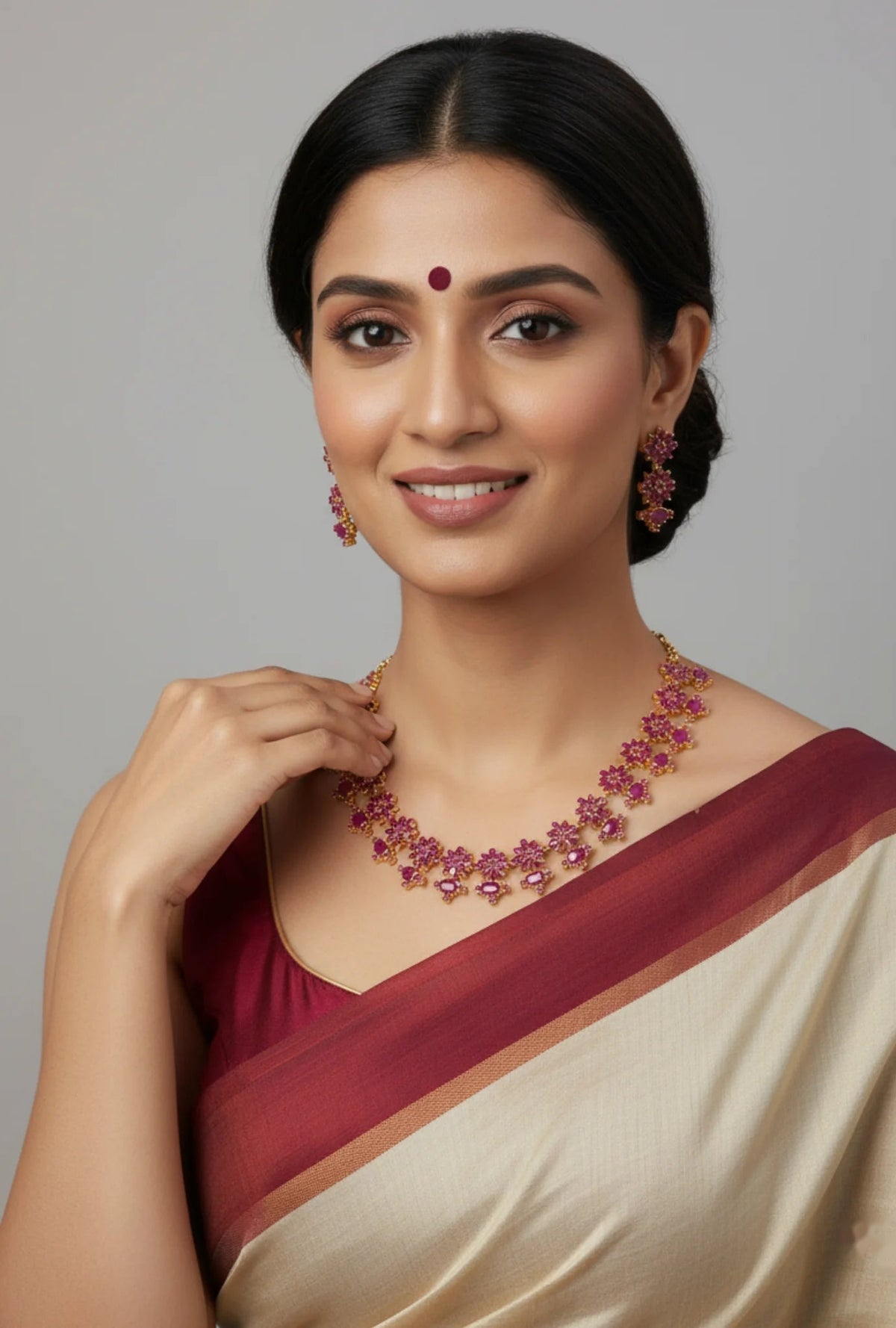 Gold-Plated Ruby Flower Strand Necklace Set - Festive Radiance – Gold Plated Ruby Flower Strand Necklace Set – view 2