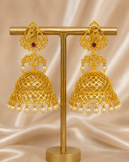 Ruby Gold-Plated CZ Grand Pearl-Look Fringe Jhumka Earrings – Rear view of grand CZ jhumka earrings with tiered open – view 6
