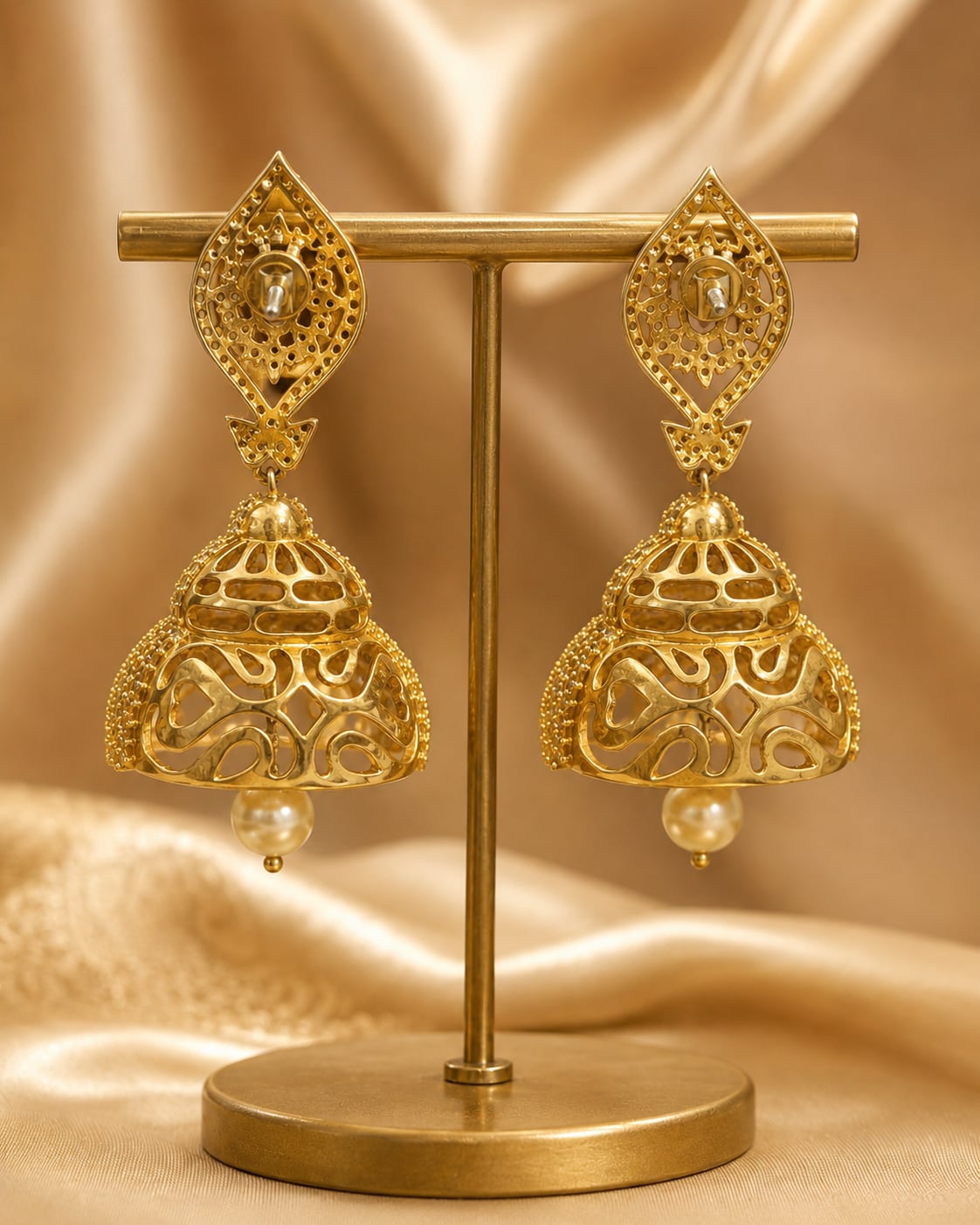Ruby Paisley Gold-Plated CZ Bell Jhumka Earrings – Rear view of gold-plated ruby paisley CZ bell jhumka earrings – view 6
