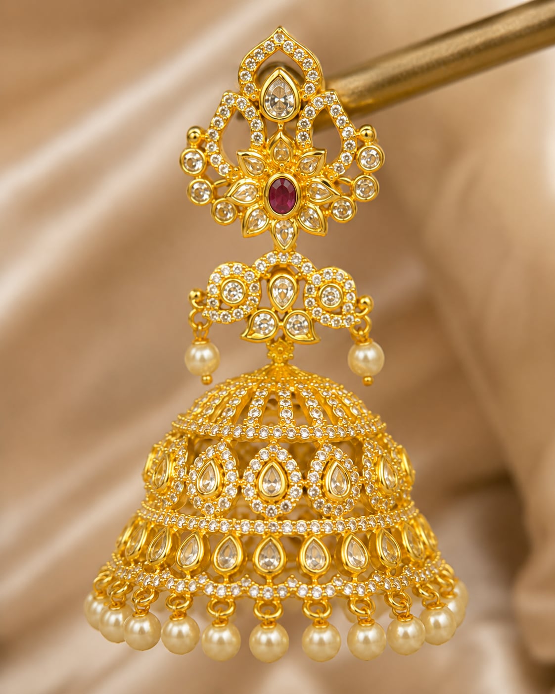 Ruby Gold-Plated CZ Grand Pearl-Look Fringe Jhumka Earrings – Close-up of tiered CZ dome, ruby accents and – view 4